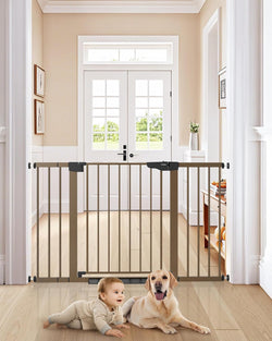 29.7-51.5" Baby Gates for Doorways Extra Wide, Safety Dog Gate for Stairs, Easy Walk Thru Auto Close Pet Gates for the House, Child Gate Includes 4 Wall Cups, Brown, Mom'S Choice Awards Winner