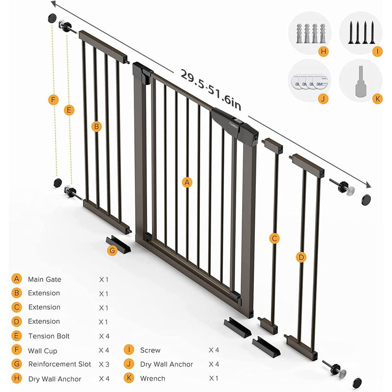 29.7-51.5" Baby Gates for Doorways Extra Wide, Safety Dog Gate for Stairs, Easy Walk Thru Auto Close Pet Gates for the House, Child Gate Includes 4 Wall Cups, Brown, Mom'S Choice Awards Winner