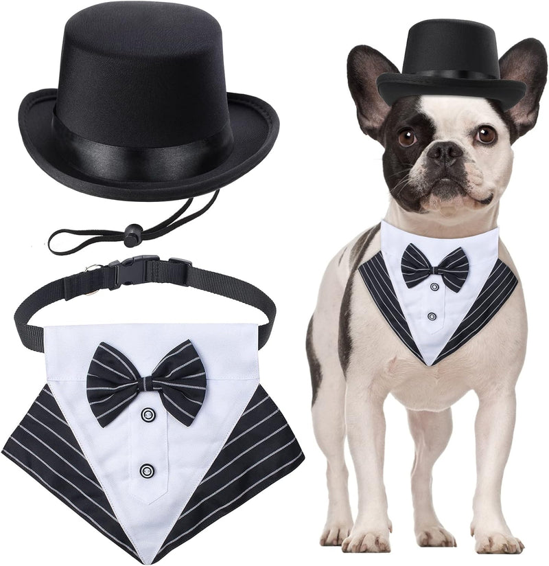 2 Pieces Pet Formal Accessories Set - Pet Top Hat with Formal Pet Tuxedo Bandana Collar Birthday Party Gradation Halloween Costumes Accessories for Dog Cat (Set-A) One Size