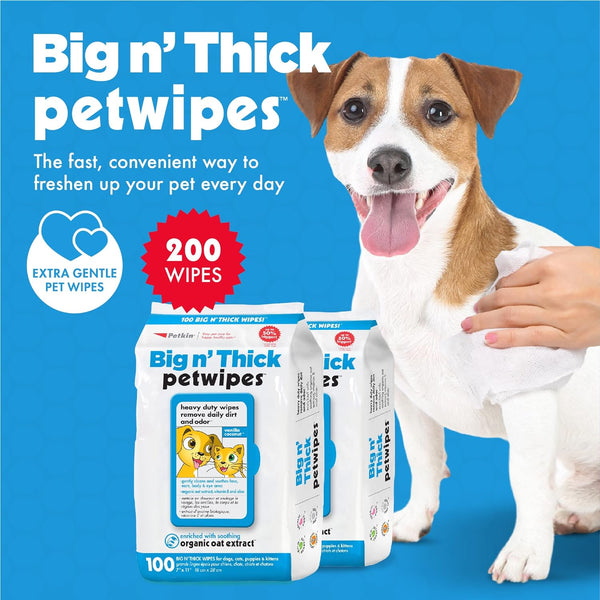 Large Pet Wipes for Dogs and Cats, 200 Count, Organic Oat Extract, Moistened with Gentle Cleaning Formula, Ideal for Home or Travel