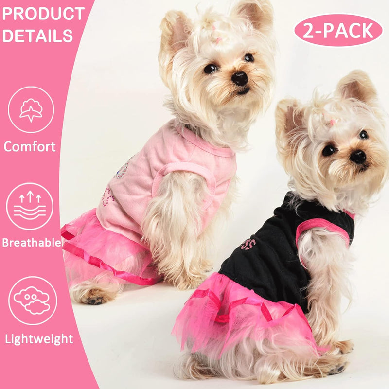 Dog Dress Puppy Clothes for Small Dogs Girl Yorkie Chihuahua Princess Lace Tutu Doggie Dresses Dog Summer Clothes Outfit Small Dog Clothes Female, 2-Pack (Pink+Black, Small)